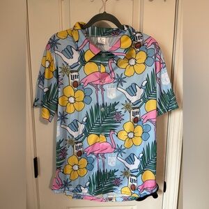 Flamingo Print Short Sleeve Polo - Light Blue